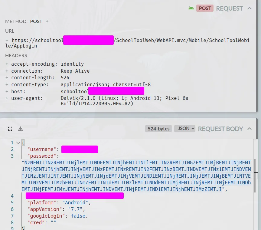 a json view of the /AppLogin endpoint, in http toolkit